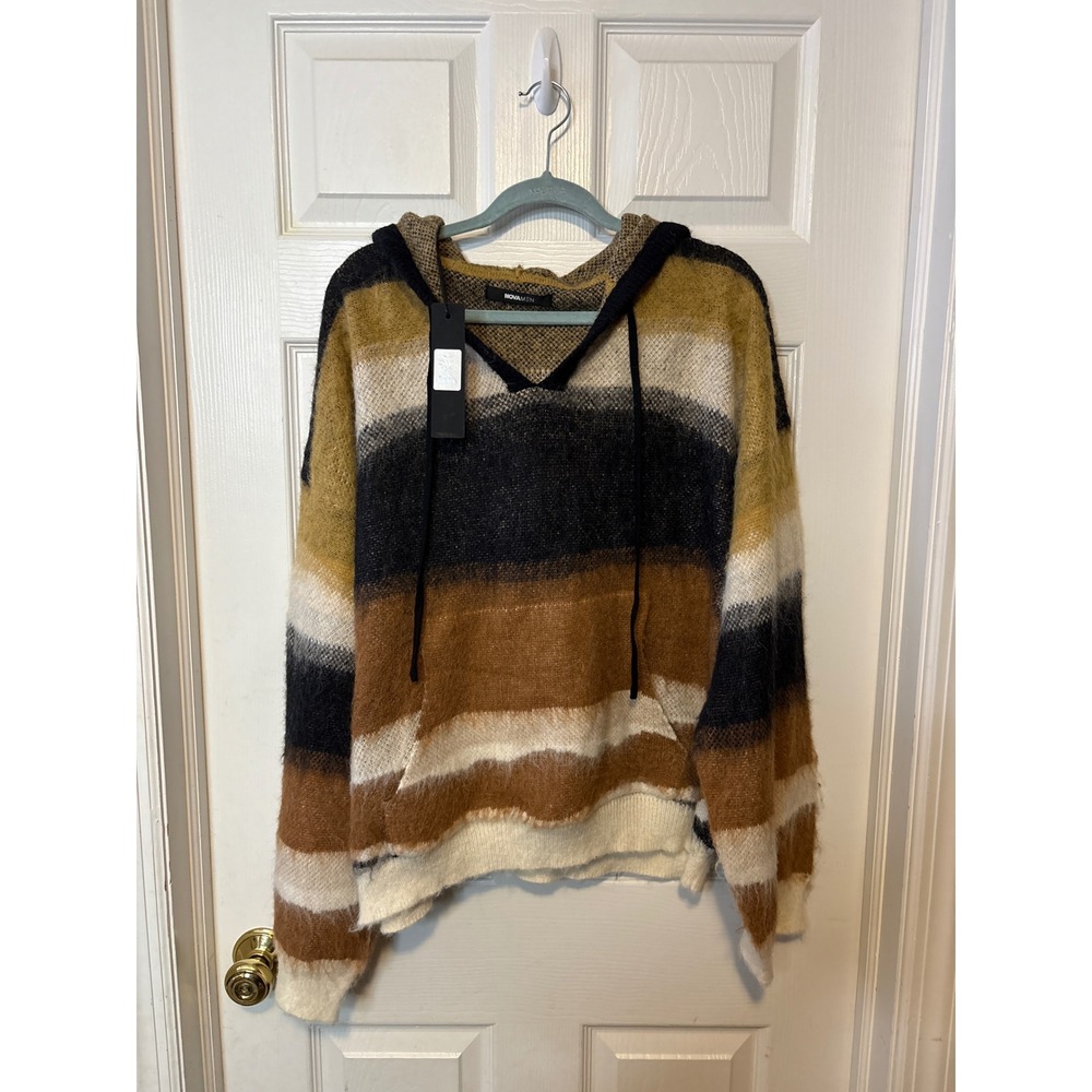 Nova Men Striped Wool Hooded Sweater Pullover XXL Black Brown Beige
